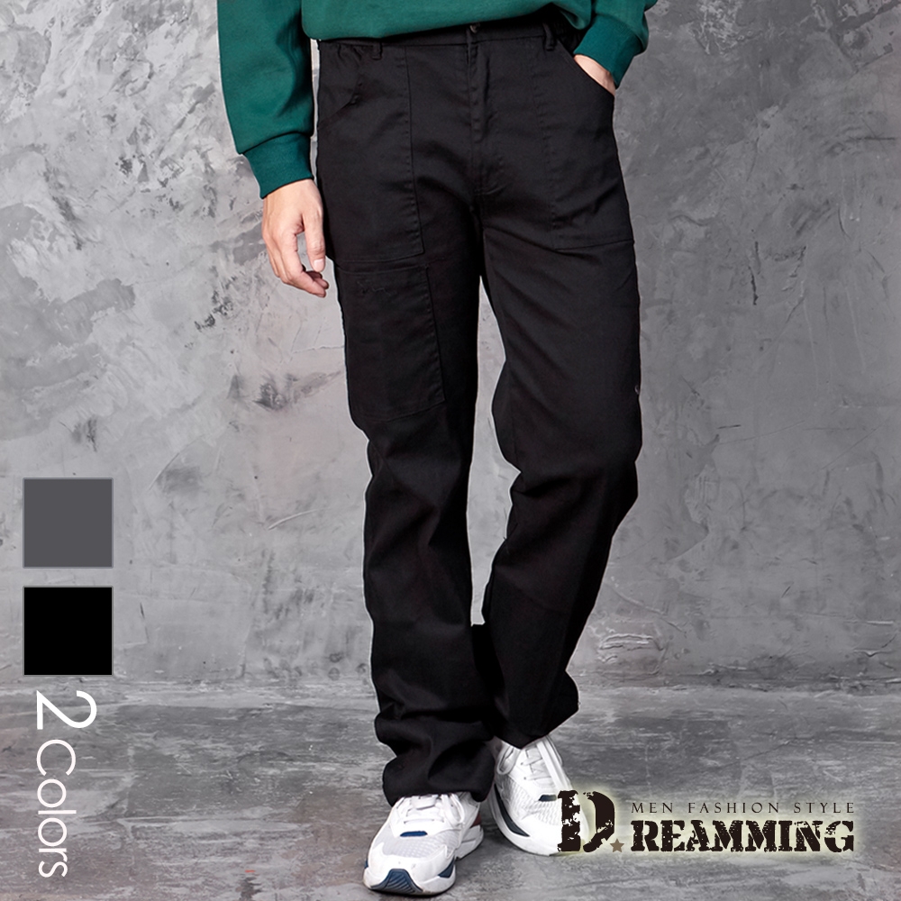 Dreamming 四季款高棉魔鬼氈口袋鬆緊腰休閒長褲 工作褲-共二色 (黑色)