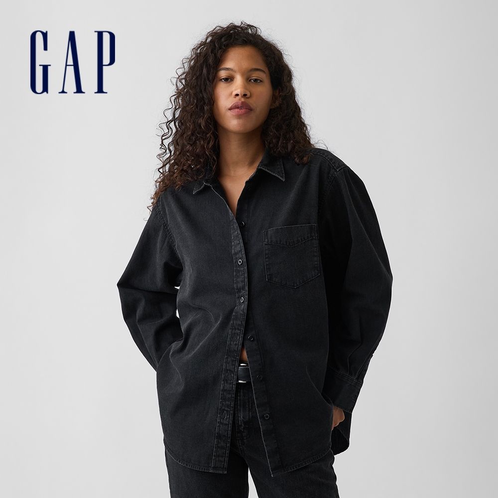 【GAP】寬版牛仔襯衫-黑色水洗(913922) (黑色水洗)