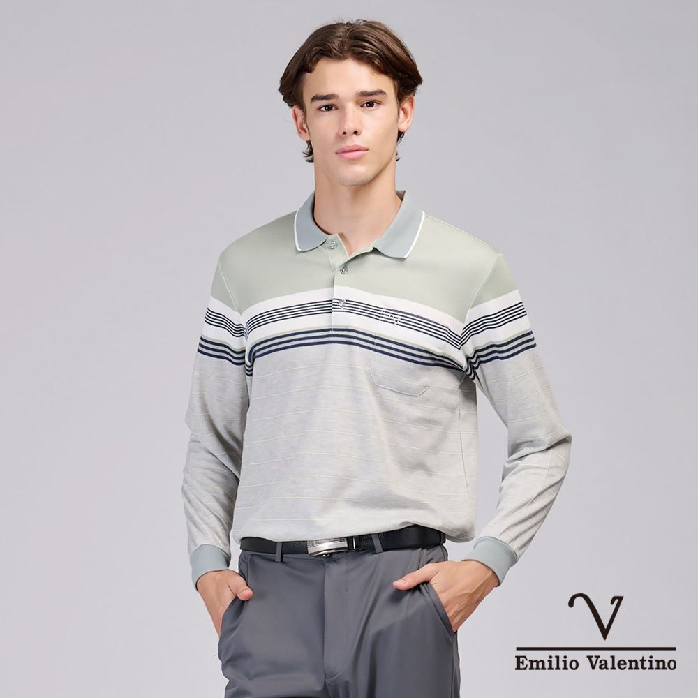 Emilio Valentino范倫鐵諾 男 長袖POLO衫 保暖蓄熱 精梳棉 磨毛 胸前口袋 POLO衫 上衣 綠/白/灰(21-6V0866)