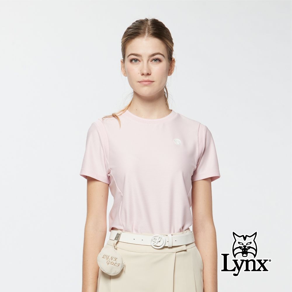 【Lynx Golf】首爾高桿風格！女款吸濕排汗彈性內印涼感圓領短袖T恤-粉紅色 (粉紅色)