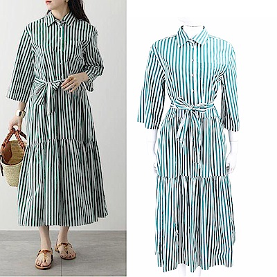 Max Mara-WEEKEND PANTONE 綠白條紋純棉綁帶連身裙 洋裝