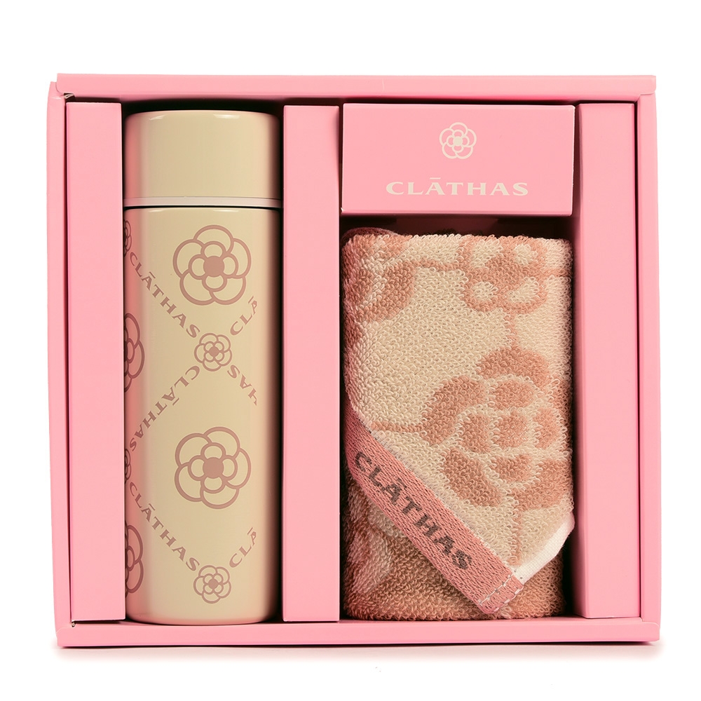 CLATHAS 山茶花字母LOGO純棉方巾加保溫瓶150ml禮盒組-卡其色
