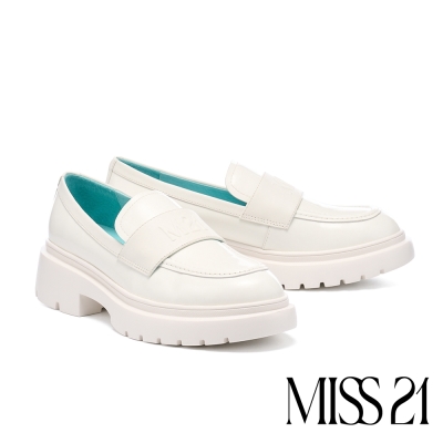 厚底鞋 MISS 21 微酸微澎率性異材質拼接LOGO樂福厚底鞋-米白