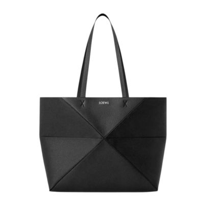 LOEWE 羅威 Puzzle Fold Tote 橫式 中款 柔軟粒面小牛皮 折疊 肩背包 托特包 黑色