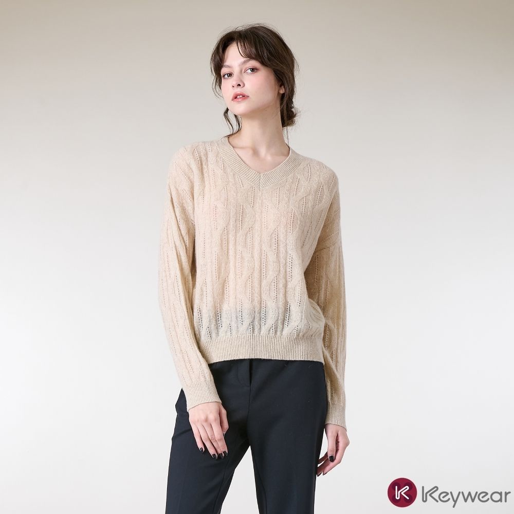 KeyWear奇威名品 微光金蔥羊絨麻花長袖上衣(共3色)-米色