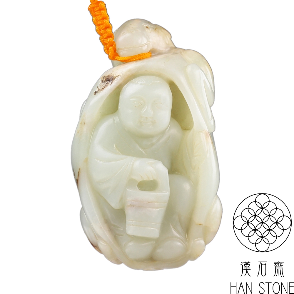 和田白玉 清時代 髮饰 天然石 白玉 漢石齋】天然A貨和田白玉帶皮鹿乳奉親玉佩手把件(47*81*34mm) | 漢石齋