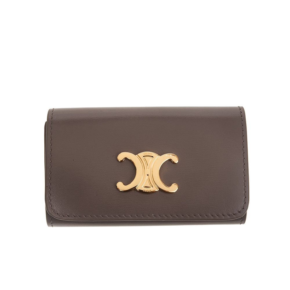 CELINE 新款TRIOMPHE 凱旋門LOGO金釦牛皮鑰匙包 (鵝卵石色)
