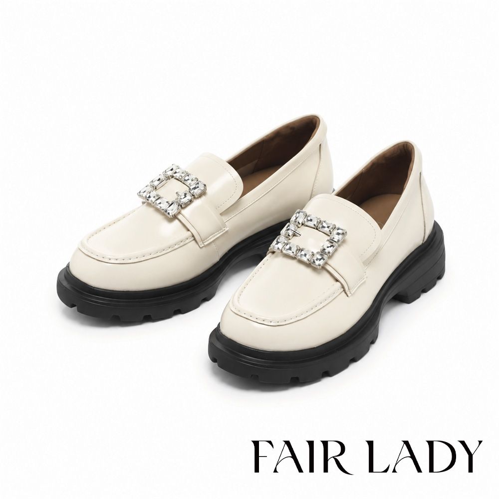 FAIR LADY 小時光 典雅鑽釦造型樂福鞋 米 (5B3255)