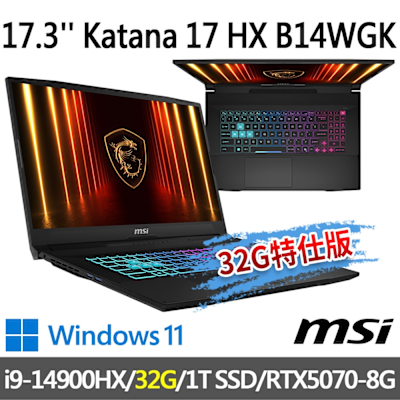 MSI微星 Katana 17 HX B14WGK-037TW 17.3吋 電競筆電 (i9-14900HX/32G/1T SSD/RTX5070-8G/Win11-32G特仕版)
