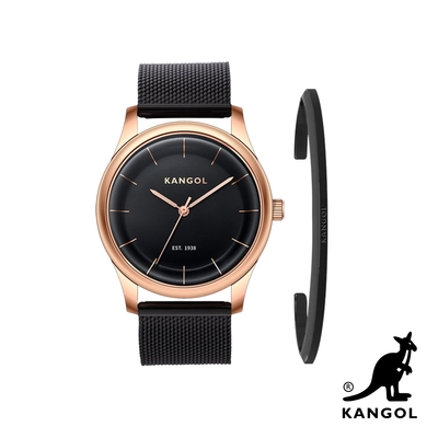 【KANGOL】1+1限量禮盒組!弧形流線時尚腕錶+簡約Logo手環 - 黑帶金框 KG71238