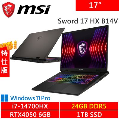 MSI微星 Sword 17 HX B14VEKG-283TW-SP1 17吋 灰(i7-14700HX/24G/1TB PCIE/RTX4050 6G/W11P)特仕版