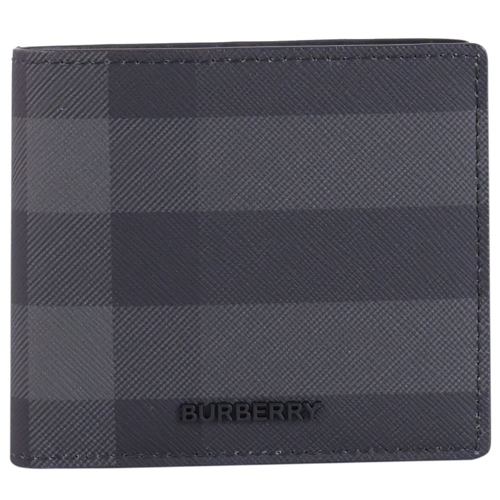 BURBERRY 經典浮雕LOGO塗層格紋對開式4卡零錢短夾(黑灰)