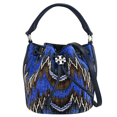 TORY BURCH 質感混紡織布拼接迷你手提斜背兩用束口水桶包(深藍)