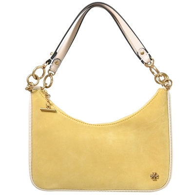TORY BURCH 151 Mercer 金屬LOGO絨面拼接手提肩背新月包(黃/米白)