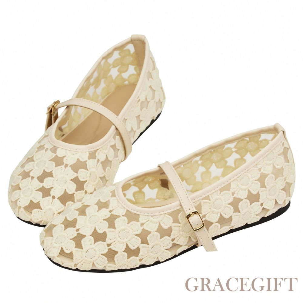 【Grace Gift】法式少女蕾絲花朵透膚平底瑪莉珍鞋 杏