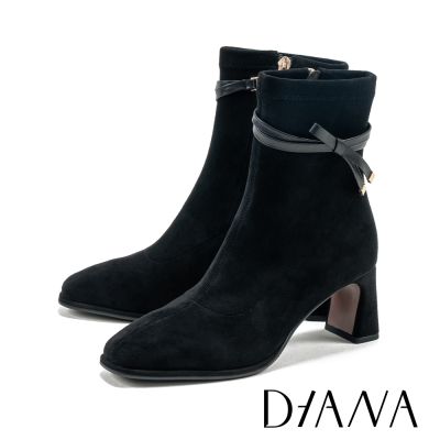 DIANA 彈力絨布可拆式皮帶蝴蝶結高跟短靴 黑色