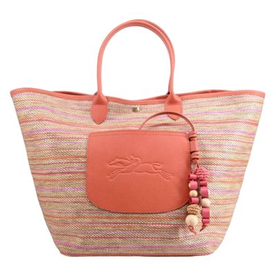 LONGCHAMP LE PLIAGE COLLECTION系列前口袋拉菲草編織提籃包(大/彩虹x橘)