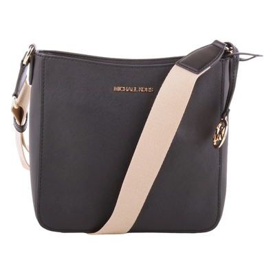 MICHAEL KORS 金字防刮PVC 卡其織帶直式斜背包(黑)
