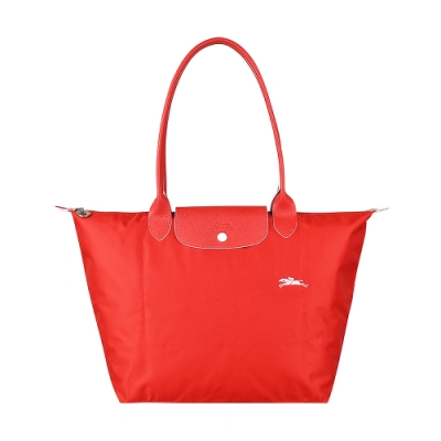 LONGCHAMP COLLECTION刺繡LOGO尼龍摺疊款長把拉鍊肩背包(大/朱紅x白