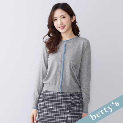 betty’s貝蒂思　鬚邊貓咪刺繡開襟針織上衣(灰色)