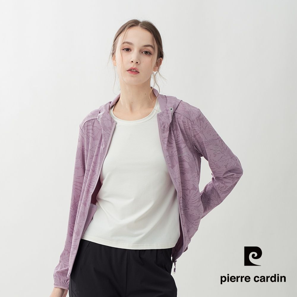 pierre cardin 皮爾卡登 網路獨家 男女款 冰絲涼感防曬彈力透氣印花連帽外套(多色任選) (女款-紫色)