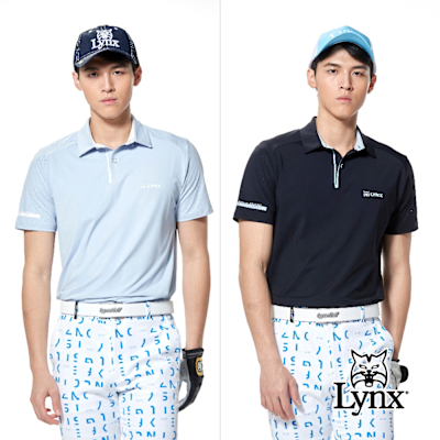 【Lynx Golf】男款合身版涼感透氣配布剪接門襟貼膜造型Lynx印花設計短袖POLO衫/高爾夫球衫(二色)
