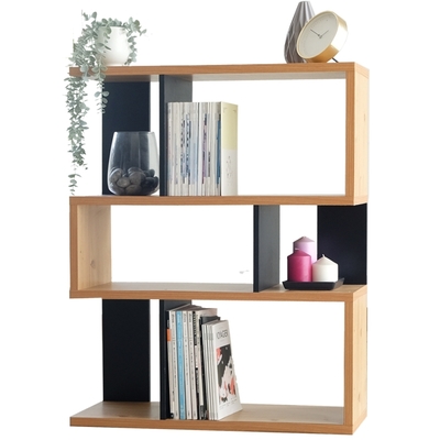 EASY HOME 厚板三層收納展示書櫃(北歐原木色+黑色)