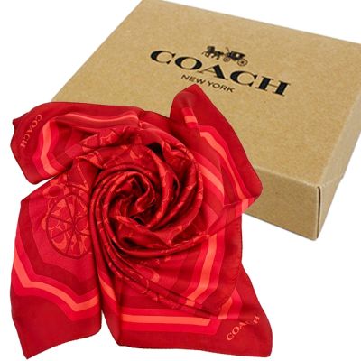 COACH C LOGO 100%蠶絲絲巾方巾頭巾領巾圍巾禮盒(紅)