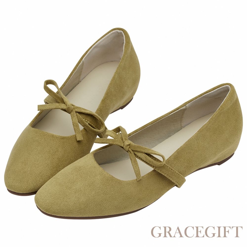 【Grace Gift】日常可愛感蝴蝶結瑪莉珍內增高平底鞋 駝色