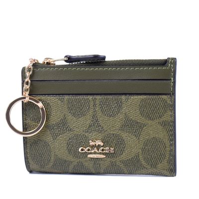 COACH 緹花LOGO防刮皮革證件鑰匙零錢包-橄欖綠