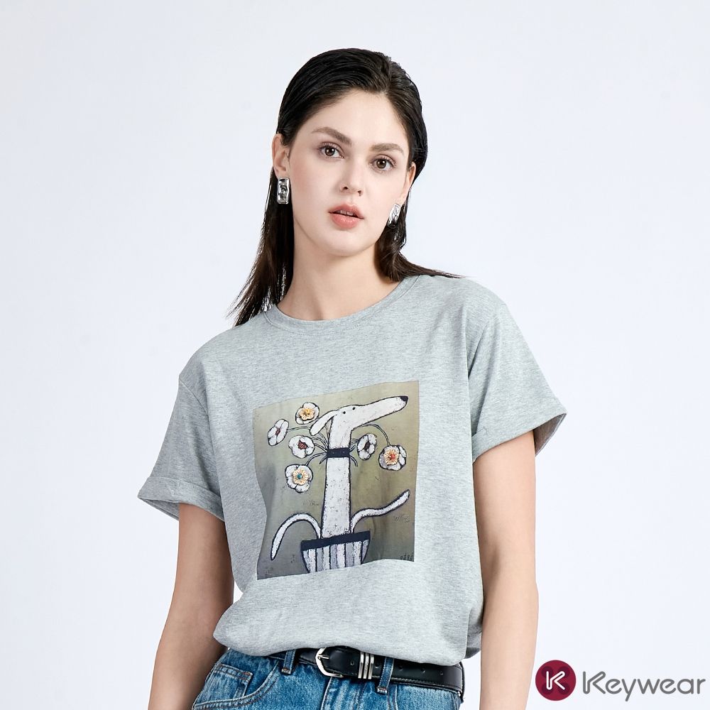 KeyWear奇威名品    清新插畫休閒百搭短袖上衣(共3色)-淺灰色