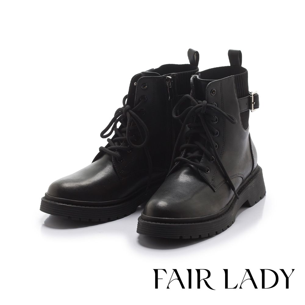 FAIR LADY 軟實力 綁帶造型織布厚底低筒軍靴 黑 (7B3099)