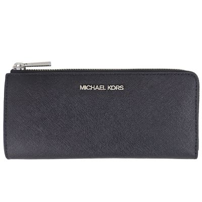 MICHAEL KORS Jet Set 黑色MK銀字至防刮皮革L拉鍊長夾