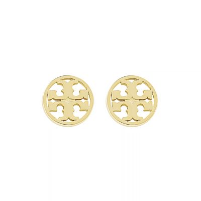 TORY BURCH 雙T字鍍銀LOGO圓形鏤空設計針式耳環(金)