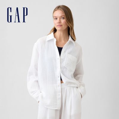 【GAP】寬鬆版型紗質襯衫-清新白/深棕色/黑色(899062)