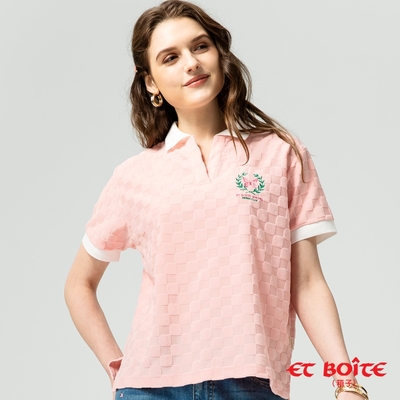 ET BOîTE 箱子 BLUE WAY – 棋盤格學院風繡花短袖POLO衫(淺粉)