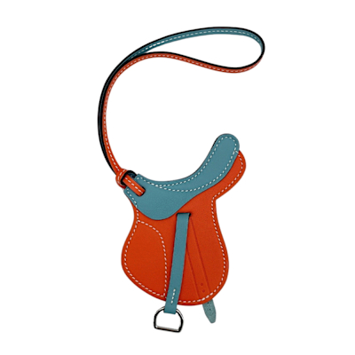 二手品 Hermes 愛馬仕 馬鞍造型小牛皮鑰匙圈/吊飾(湖水藍/橘)