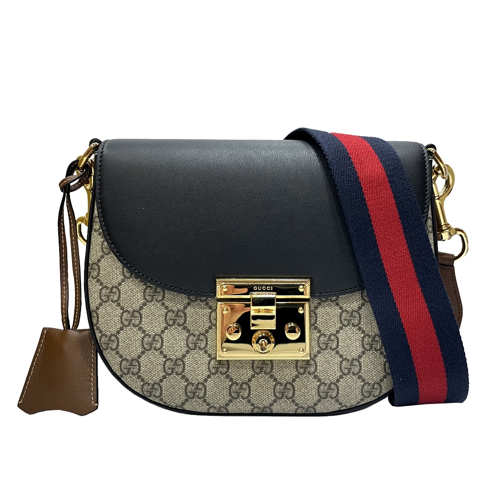 【GUCCI 古馳】779805 經典LOGO拚色牛皮金扣斜背包(黑色)