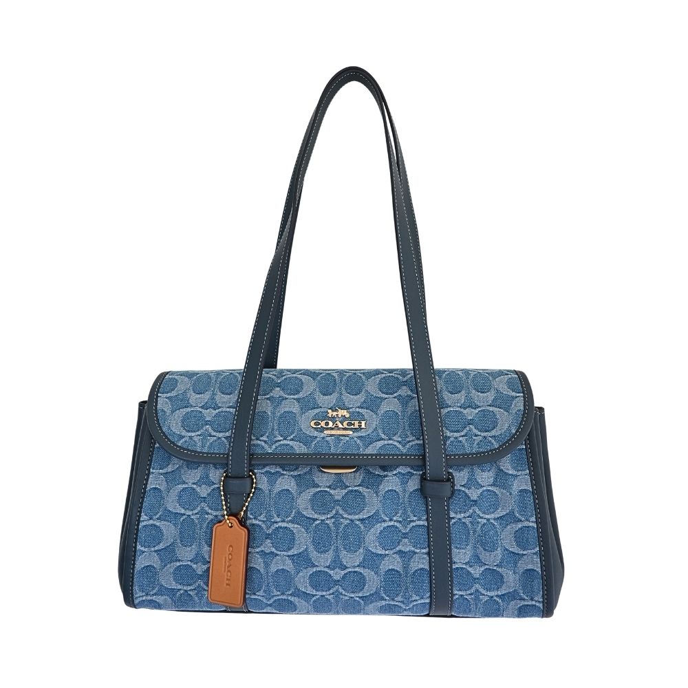 COACH BRIDGET 丹寧藍C LOGO緹花布面拼接皮革翻蓋單肩手袋