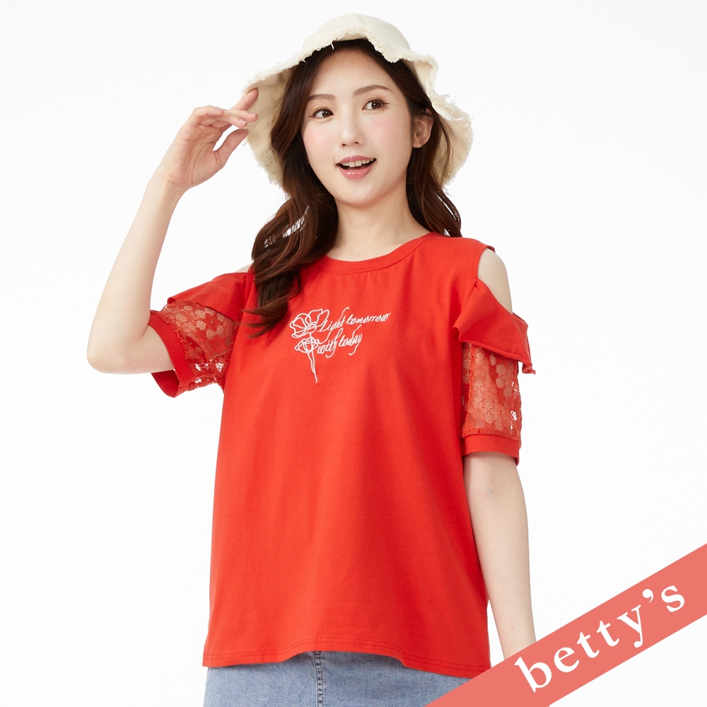betty’s貝蒂思　玫瑰小語刺繡露肩蕾絲T-shirt(紅色) (紅色)