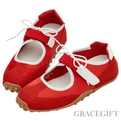 【Grace Gift】復古芭蕾內增高魔鬼氈綁帶薄底運動鞋 正紅