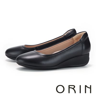 ORIN 柔軟牛皮圓頭舒適厚底休閒娃娃鞋 黑色
