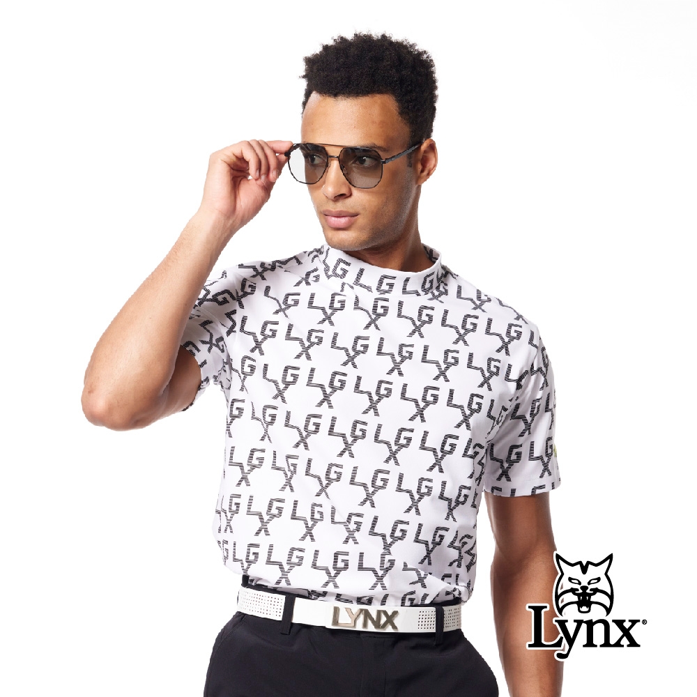 【Lynx Golf】男款竹節紗材質LXG字樣素雅風格印花Lynx跳色繡花短袖圓領POLO衫/高爾夫球衫-白色 (白色)