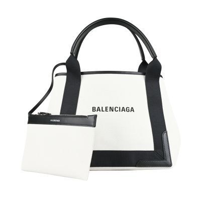 BALENCIAGA經典印花LOGO帆布拼接牛皮Navy Cabas子母手提托特包(米白x黑)