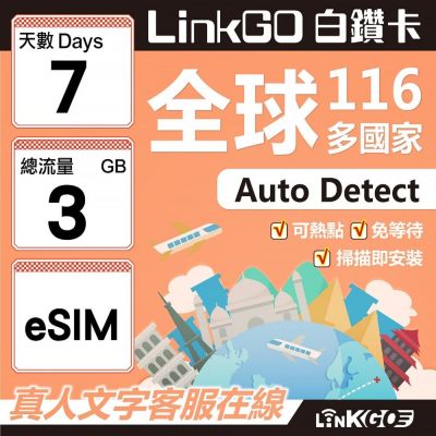 LINKGO白鑽卡 全球116國 eSIM卡 7天上網絡卡 總流量3GB(全球網絡卡 亞洲 歐洲 美洲 大洋洲 非洲)