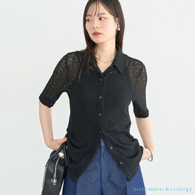 〔earth music〕鏤空蕾絲彈性短袖開襟襯衫