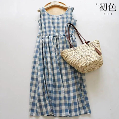 初色 法式文藝撞色格紋寬鬆圓領無袖背心裙連衣裙連身洋裝長洋裝-格紋-10555(M-2XL可選)
