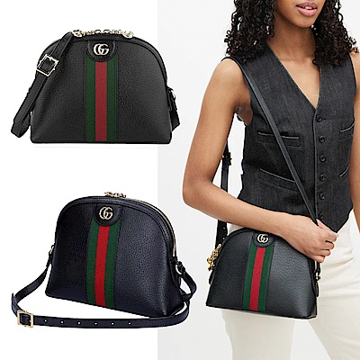 GUCCI Ophidia皮革綠紅織帶斜背貝殼包(黑色)