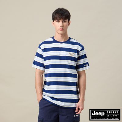JEEP  男裝 粗細相間橫條紋短袖T恤-藍色