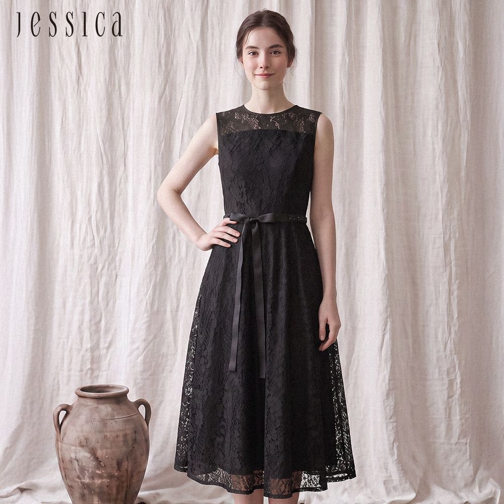 JESSICA - 氣質優雅圓領簍空精緻蕾絲花卉無袖洋裝（黑）263715